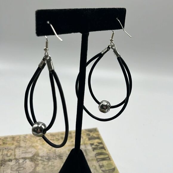 Double Leather Corded Dangling Earrings w/ Silver-Tone Bead Choice of Closure - Picture 8 of 14